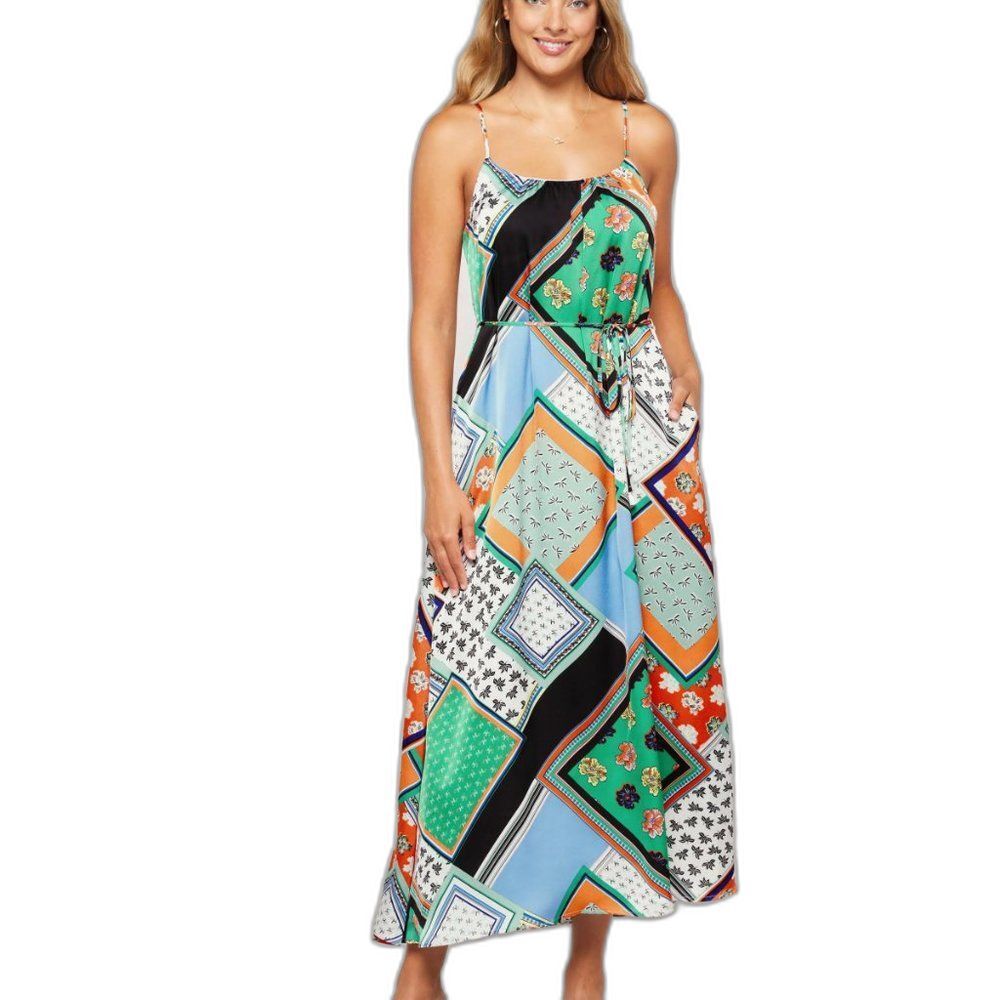 Sam Edelman Tie‎ Waist Multi Mixed Scarf Print Sleeveless Maxi Dress Size M
